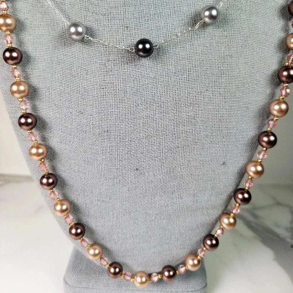 Roman Beaded Necklace Set Of 2  Signed Floating Faux Pearl Gray Peach Pi…